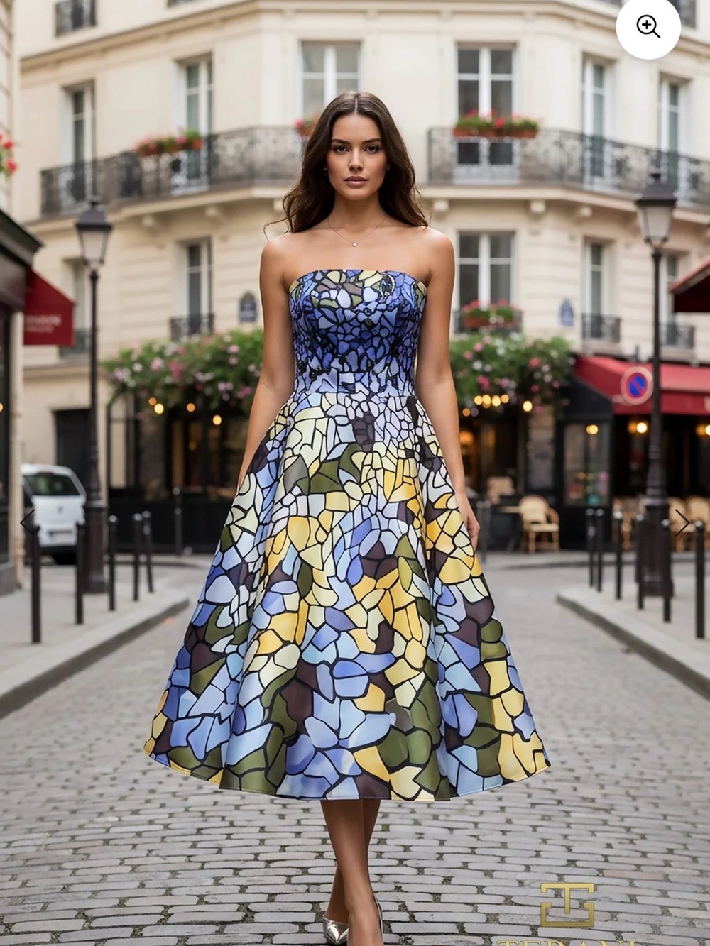 Terani-Strapless Mosaic-Print Tea Dress in Blue, Yellow & Green